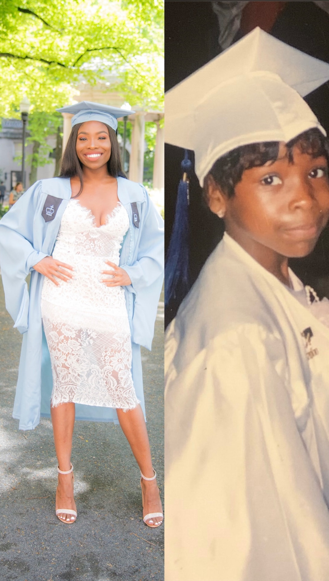 Chelsea as a young graduate and today in her Columbia master's graduation gown — a first-generation journey